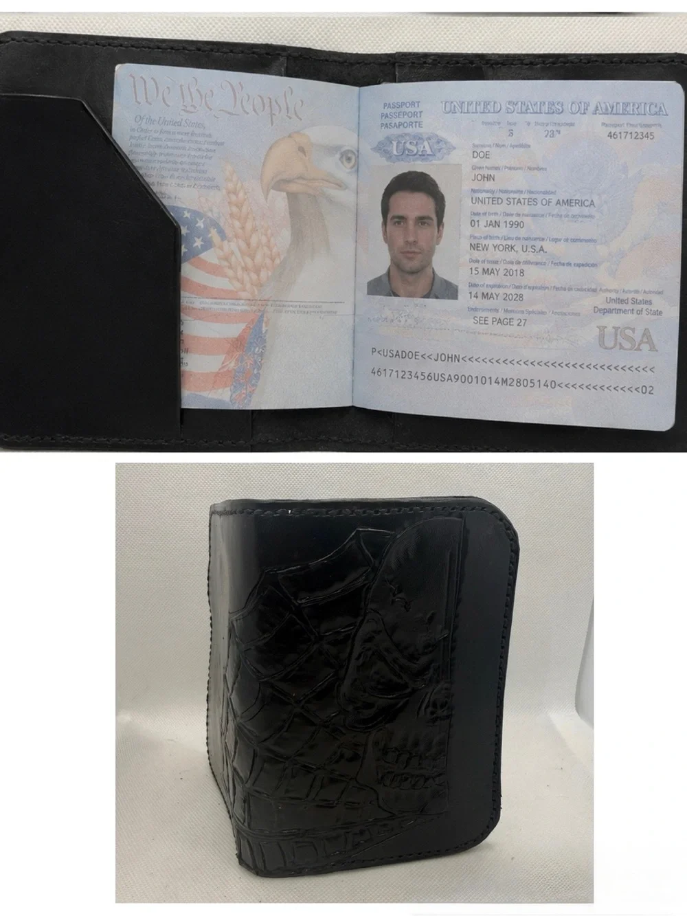 Handmade Black Leather Passport Holder, Skull & Spiderweb Tooled Design